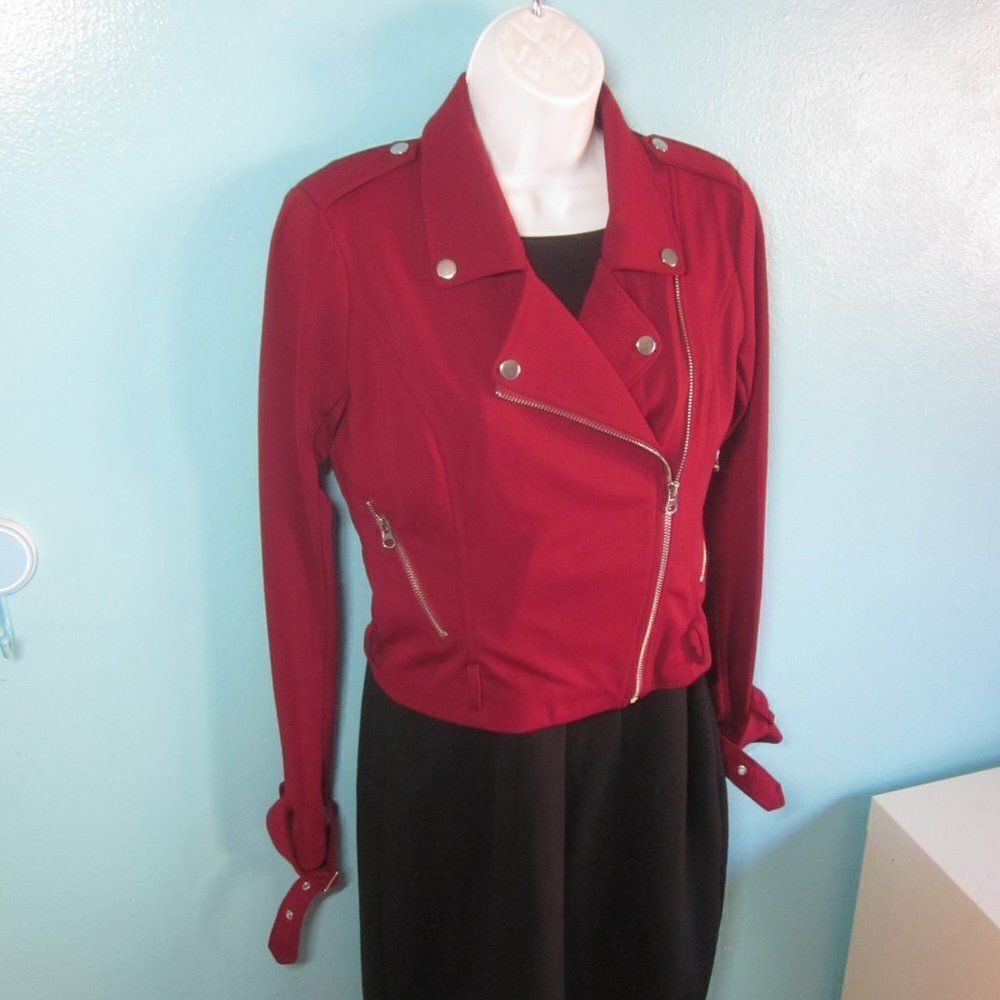 NBD Womens Size S Red Bandage Knit Biker Cropped Jacket Zipper Front - Picture 10 of 10